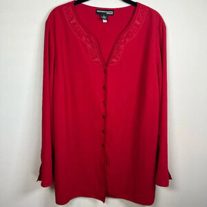 Norton McNaughton V-Neck Button Up Blouse Red Floral Embroidered Shirt Womens 1X